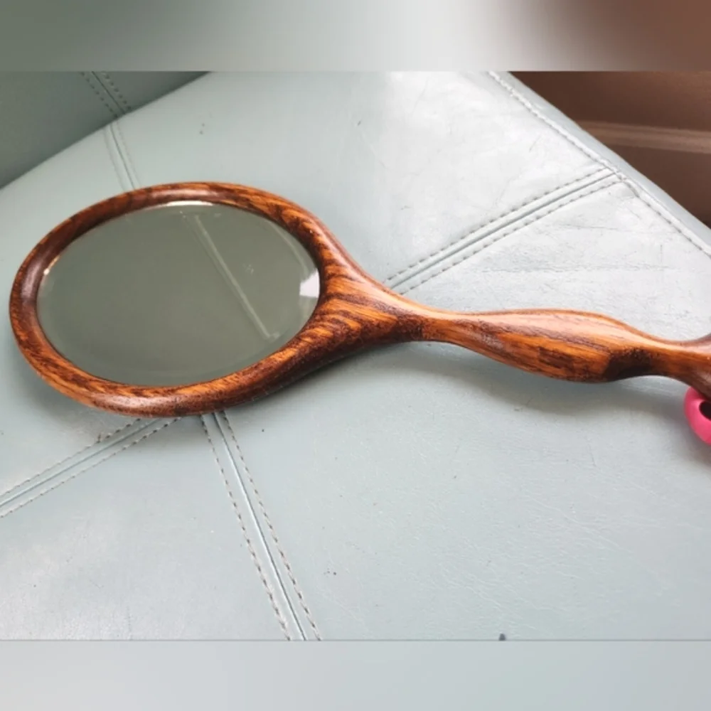 Prairie BEVELED Rich Brown Tiger Wood Oval Handle OOAK Carved Flower Hand Mirror